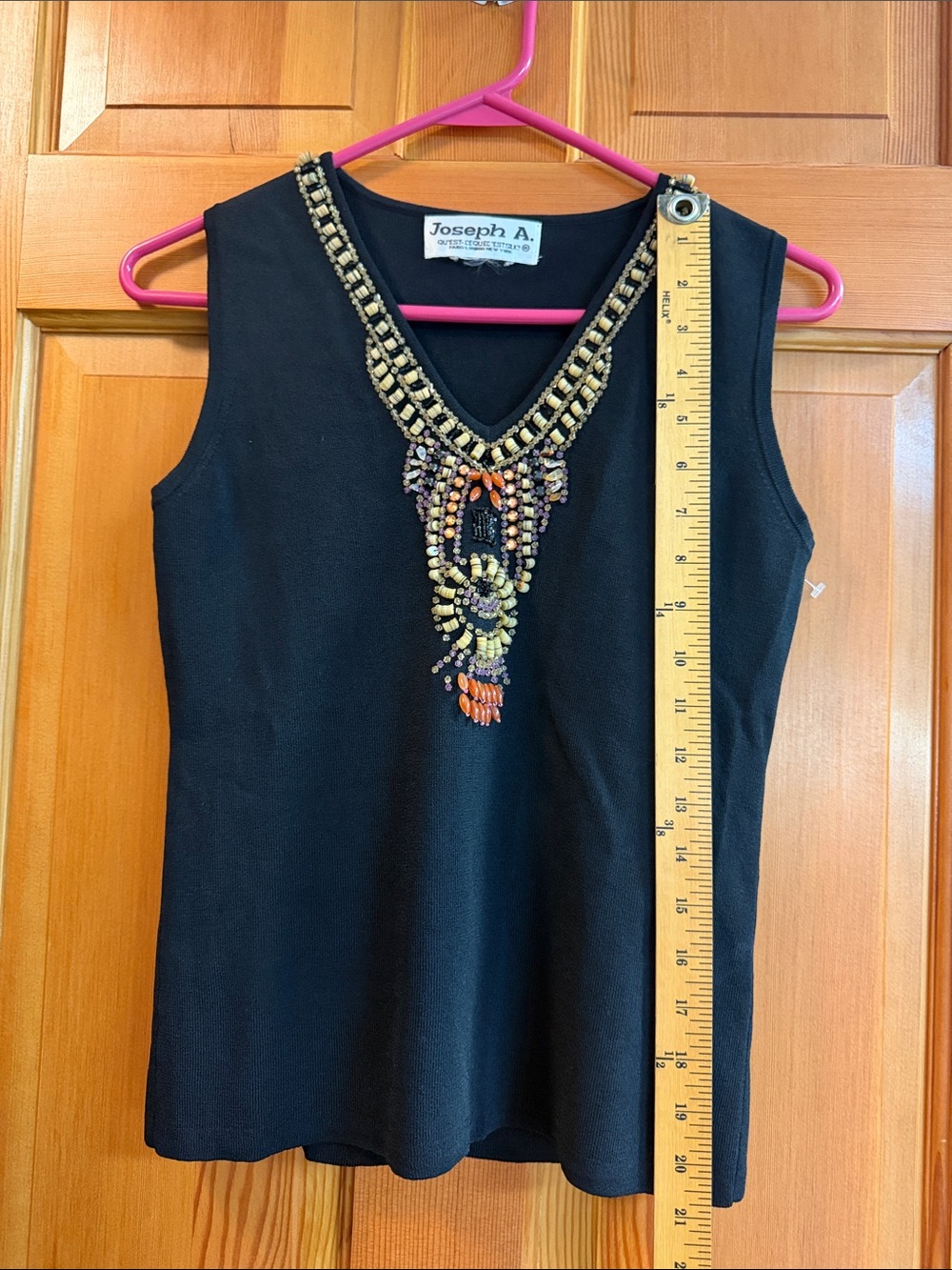 Joseph Black Sleeveless Top with Beaded Multi-Color V-Neck